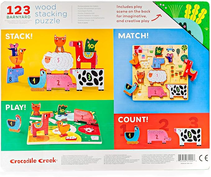 Crocodile Creek Wooden Stacking Puzzle, 10 Chunky Animal Pieces and Two-Sided Base with Play Scene for Kids Ages 2 Years and Up, 11.75 inches, 123 Barnyard
