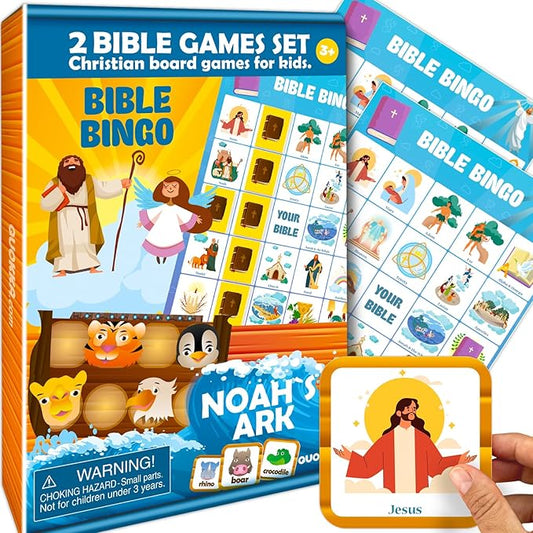 QUOKKA Noah's Ark and Bible Bingo for Kids - 2 Bible Games Set in 1 Box – Kids Bingo & Noah’s Ark Memory Board Game – Faith-Based Christian Toys for Sunday School, Homeschool, Family Game Night