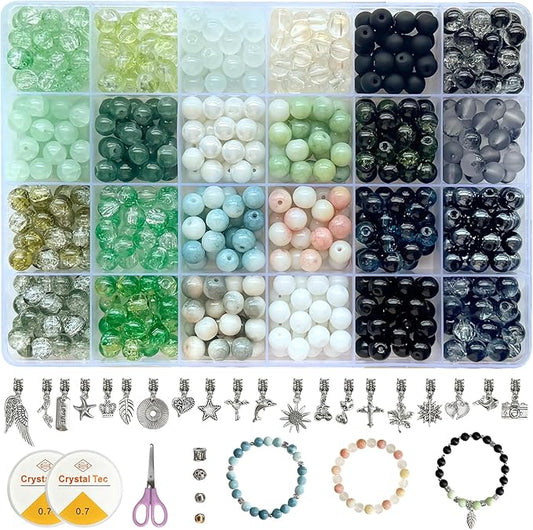 8mm Crackle Glass Beads for Bracelets, 600PCS Round Crystal Jewelry Making Kit for Adults & Beginners, DIY Gifts Crafts