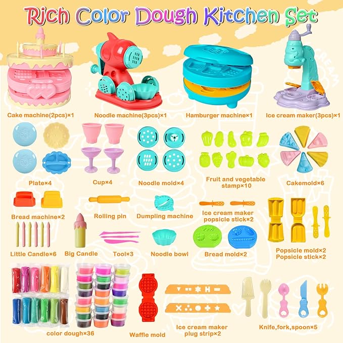 4 in 1 Play Color Dough with 36pcs Modeling Dough Art Crafts Tools Kit Kitchen Creations Cake Noodle Ice Cream Hamburger Maker Machine Food Play Toys for Kids, Pack of 104pcs