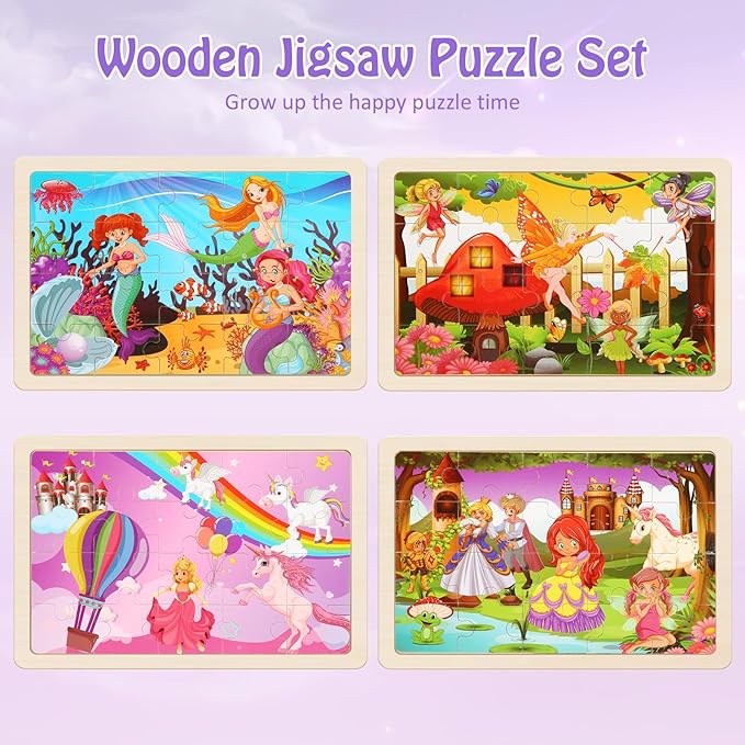 Wooden Puzzles Toys for Kids Ages 3-5, Set of 4 Packs with 20-Piece Unicorn Mermaid Princess Wood Jigsaw Puzzles, Preschool Educational Brain Teaser Toys for Girls 3 4 5 6 Years Old.