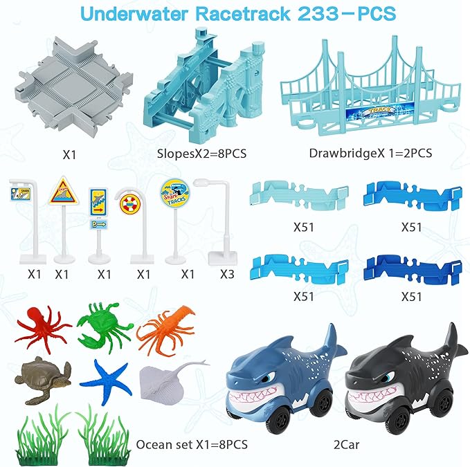Track Race Car Toys for Kids, Create A Ocean World Race Road, Flexible Tracks Playset & 2PCS Cool Shark Cars, Toddler Toys Birthday Gifts for Age 3 4 5 6 Year Old Boys Girls