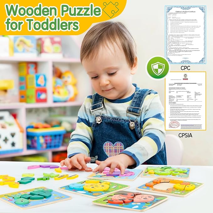deli Wooden Toddler Puzzles, 6 Pcs Animals Puzzles for Toddler, Montessori Preschool Educational Learning Toys Make a Great Gifts for 1 2 3 4 5 Year Olds
