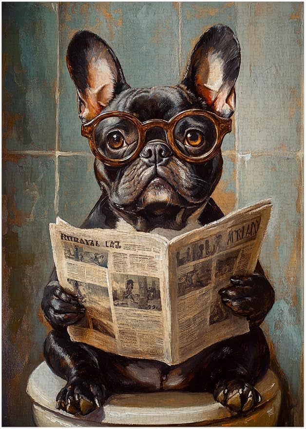 French Bulldog on Toilet Jigsaw Puzzle 1000 Pieces for Adults - Quirky Dog Reading Newspaper with Glasses - 1000pc Dog Bathroom Decor Puzzles (50x70cm / 19.685"x27.559")