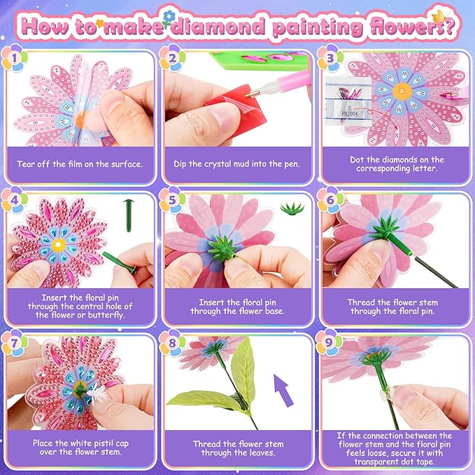 Crafts for 6-8-12-10 Year Old Girls Birthday Gifts, Arts & Crafts for Kids Ages 6-12 Diamond Art Kits for Girl Toys Age 7 8 9 11 Teen Girls DIY Gem Flower Bouquet for Home Room Decor Party Activities