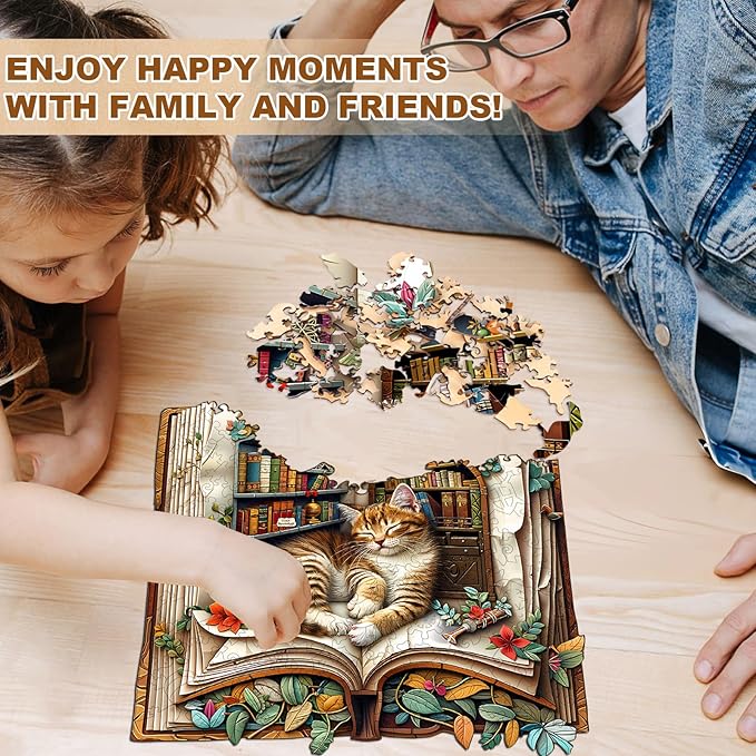 WOODBESTS Wooden Puzzles for Adults, Cat in The Book Wood Puzzles Adult(195 Pieces, M, 10.6 * 10.4in), Unique Shape Wooden Animal Jigsaw Puzzles, Birthday Gifts for Adults Family Game