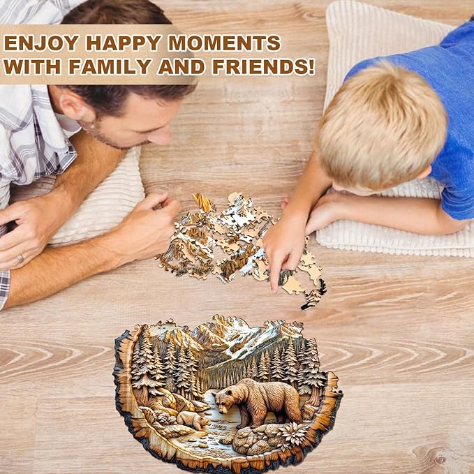 Wooden Puzzles for Adults - 200 Pieces Annual Ring Bear Puzzle - Unique Shapes Wooden Jigsaw Puzzles for Adults - Eco-Friendly Home Office Decor (M-11.4 * 11.4in)