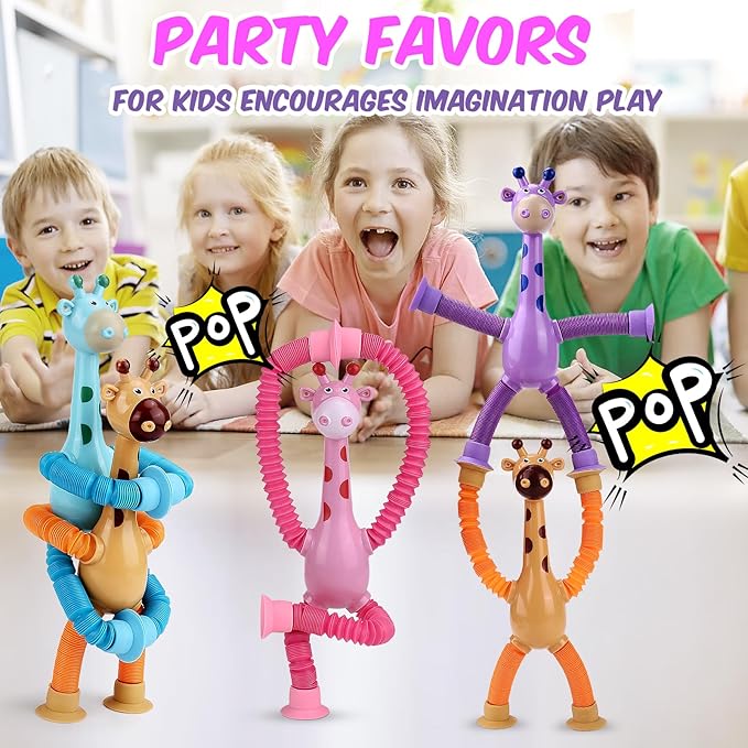 12Pack Telescopic Suction Cup Giraffe Toy, Pop Tubes Toddler Travel Toys, Educational Fidget Toys for Anxiety Kids for 3 4 5 6 7 8 9 Year Old Boys Girls