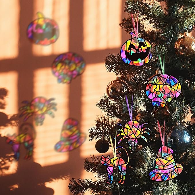 EggSun 36 Sets Halloween Suncatchers Craft Kit Ornaments Stained Glass Window Arts and Crafts Kit for Classroom Holiday Projects Home Halloween Party Favors Decorations Ages 4 8 12