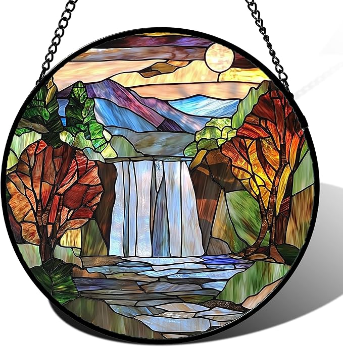 Stained Glass Window Hanging, Abstract Landscape Waterfall Mountains Trees Suncatcher for Doors Window Home Sun Catchers Decor Mother's Day Birthday Gifts for Women Men Mom 15 in