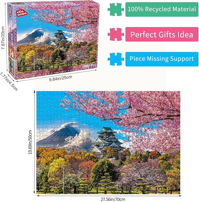 HUADADA 1000 Piece Puzzles for Adults - Cherry Blossoms in Osaka Castle, Japan - Jigsaw Puzzles for Adults and Kids 1000 Piece Educational Games Colorful Puzzles for Home Decoration