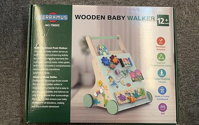 Wooden Baby Walker, Dinosaur Toddler Push Walker, Montessori Learning Activity Center for Boys Girls, Develops Motor Skills Sit-to-Stand Toys Multifunctional Educational Gifts for Kids Infant