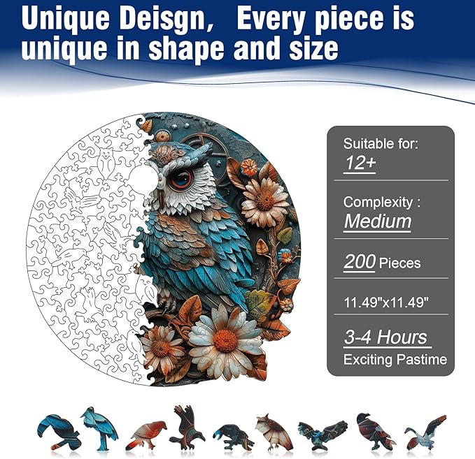 Wooden Owl Puzzle, 200 Pieces Unique Shaped Wood Puzzles, Hard Impossible Puzzles, Wooden Jigsaw Puzzle for Adults and Kids, Family Games Challenge Puzzle, Brain Games 11.49" x 11.49"