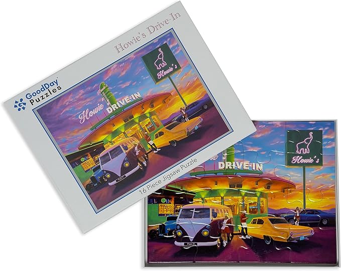 Large Piece Jigsaw Puzzle – Easy & Colorful, Dementia & Memory Activities for Seniors, Elderly Gifts, 16 Pieces, Howie's Drive-in