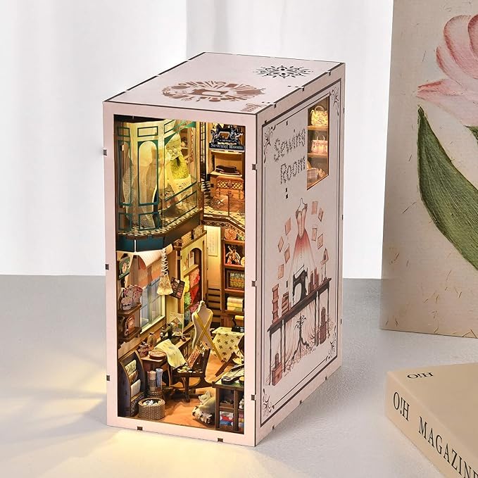 Book Nook Kit, DIY Miniature House Dollhouse Kit for Adults and Teens, 3D Wooden Puzzle Bookend Creative Bookshelf Insert Decor with LED Light, Gifts for Family, Friends (Sewing Room)