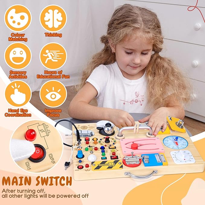 25 in 1 Busy Board with 13 LED Light Switches and 12 Activity, Montessori Toys for 1 2 3 Years Old, Wooden Sensory Board, Toddlers Travel Toys for 1+ Year Old Boy & Girl Birthday Gift（Extra-Large）