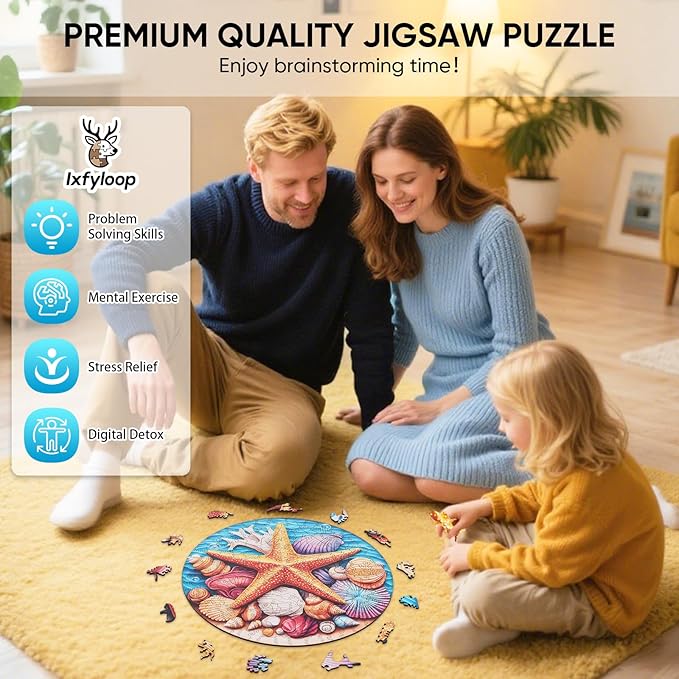Wooden Puzzles for Adults 500 Pieces, Blue Starfish Jigsaw Puzzles, Adult Puzzle, Home Decor Gift Family Brain Game for Men Women Elders Seniors, 16.5x16.5 inch