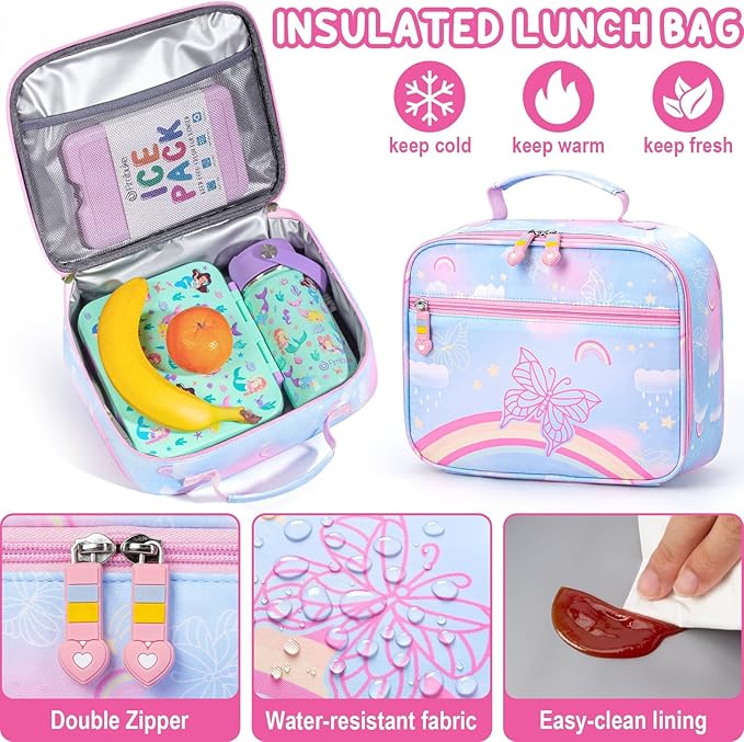 Fimibuke Kids Backpack for Girls, 3PCS Rainbow & Butterflies Teen Girls Backpack with Lunch Box Pencil Case, Cute Purple Bookbag School Bag for Kindergarten Elementary Middle School Student Ages 5+