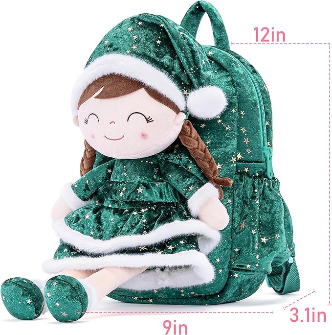Gloveleya Plush Backpack Toddler Backpack Removable Doll and Backpack Baby Girl Gifts for 2 to 8 Years Girl Birthday Gifts with Green Doll 11”