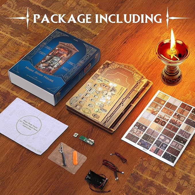 CRIOLPO Book Nook Kit - DIY Doll House Booknook, Book Nook Miniature Kit for Bookshelf Insert Decor Crafts for Adults Teen Halloween, 3D Wooden Puzzle Bookends with Sensor Led Light