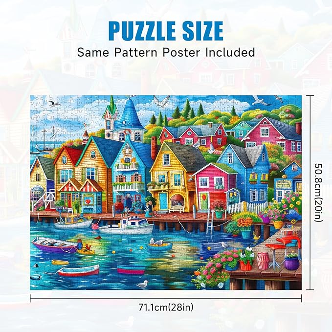 Seaside Town Jigsaw Puzzles, 1000 Piece Jigsaw Puzzles for Adults - Ocean Boat Seagull Landscape Puzzle - Challenging for Adults with Vibrant Coastal Art - 28x20 Inch, Family Games & Gift