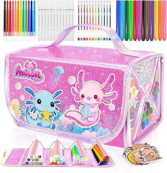 70PCS Axolotl Washable Markers Set with Glitter Pencil Case,Art Supplies for Kids Ages 4-6-8,Drawing Coloring Art Craft Kits for Girls with Marker,Glitter Pens,Crayon,Birthday Gifts Toys for Girls