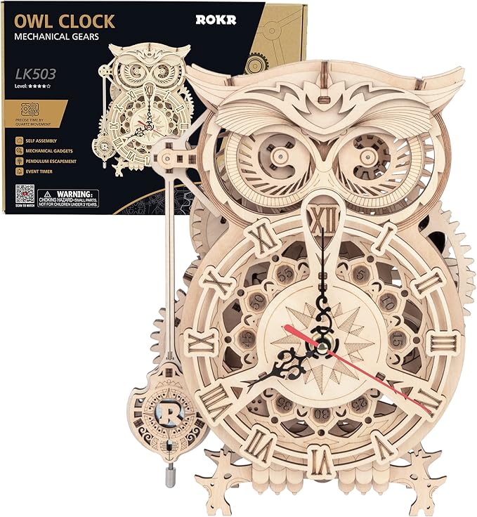 ROKR 3D Wooden Puzzle for Adults Owl Clock Model Kit Desk Clock Home Decor Unique Gift for Kids on Birthday/Christmas Day