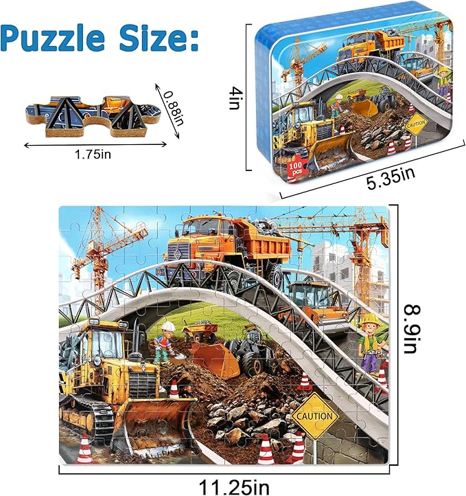 LELEMON Puzzles for Kids Ages 4-6,Construction Site 100 Piece Puzzles for Kids Ages 4-8 in a Metal Box,Educational Jigsaw Puzzles 100 Piece Puzzle Games Puzzle Toys for Girls and Boys