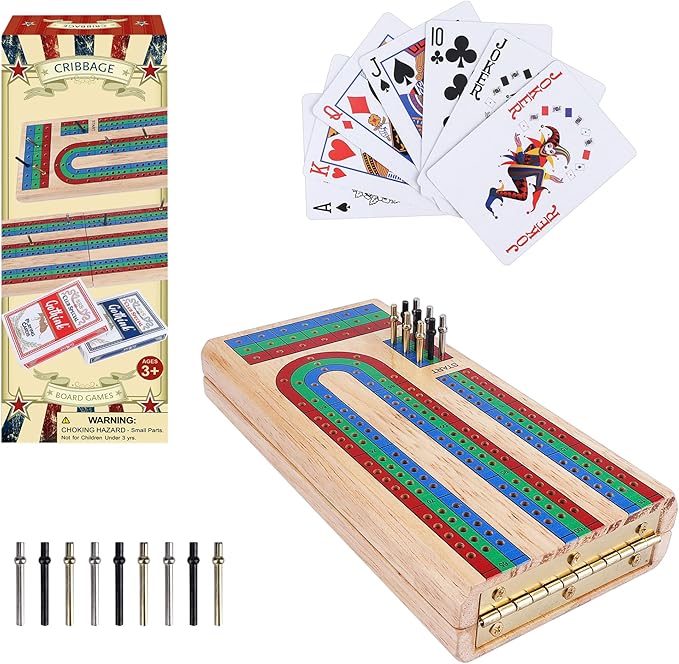 GOTHINK Cribbage Board Game Set w/Storage - 9 Metal Pegs, 2 Decks of Playing Cards, 3-Track Folding Wooden Board Games for Adults & Kids - 2-4 Player Games - Ideal for Family Game Night, Travel