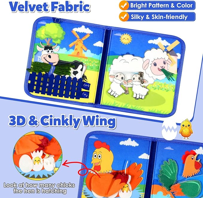 Montessori Busy Book for Toddlers 1-3, Busy Board Montessori Toys for 1 Year Old Boy Birthday Gifts, Educational Learning Sensory Activity Books, Quiet Book Travel Toys for Airplane Car