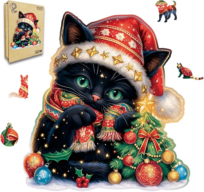 Wooden Jigsaw Puzzle for Adults,Christmas Cat Puzzle 200 Piece,Unique Shape Puzzle Challenge 11 x 11 Inch,Beautiful Wooden Puzzles Birthday Gifts for Adults Family Game