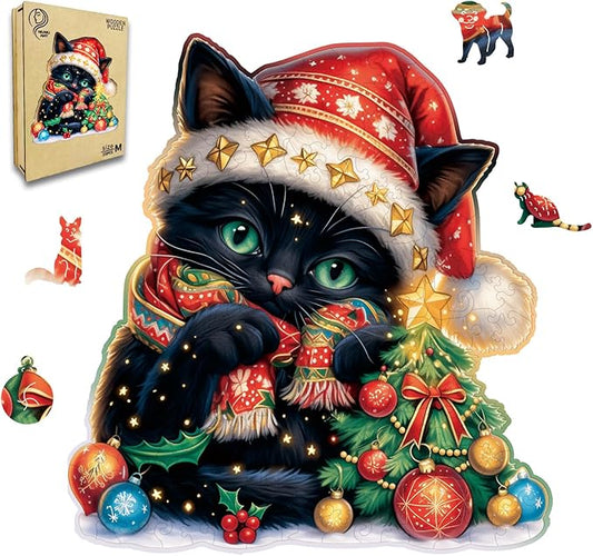 Wooden Jigsaw Puzzle for Adults,Christmas Cat Puzzle 200 Piece,Unique Shape Puzzle Challenge 11 x 11 Inch,Beautiful Wooden Puzzles Birthday Gifts for Adults Family Game