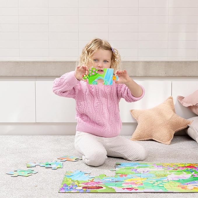 Crocodile Creek 36-Piece Jigsaw Floor Puzzle - Fun Floor Puzzles for Kids Ages 3-5 - Heavy-Duty Shaped Box for Storage - Magical Friends - 24" W x 18" H Finished