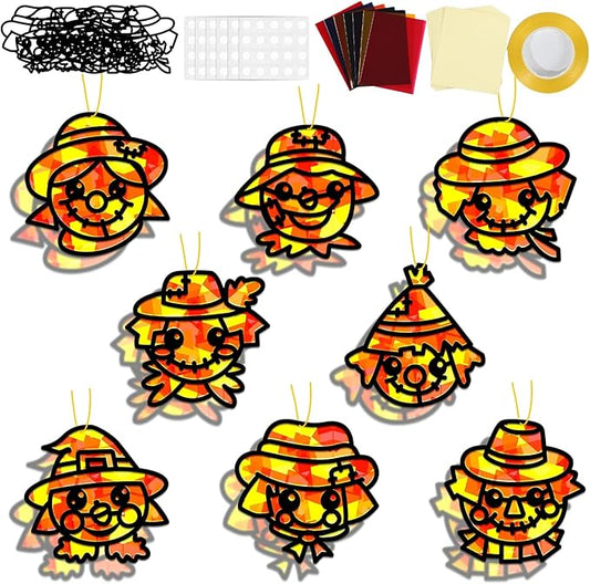 QOUBAI 32 Sets Fall Scarecrow Suncatchers Craft Kit DIY Window Stained Glass Effect Autumn Scarecrow Paper Crafts Home School Classroom Decoration Kid Birthday Gift Creative Art Project Activity Game