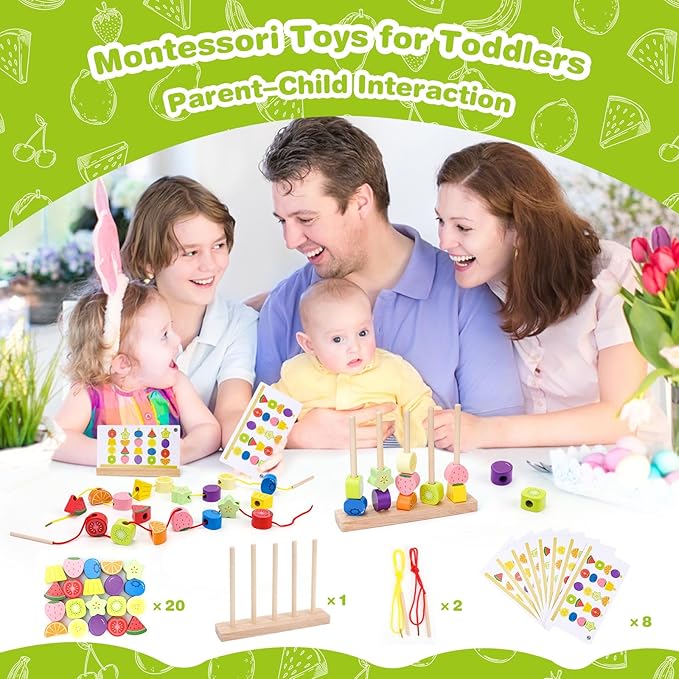 Montessori Wooden Beads Mastery Kit: Fine Motor Skills Builder for Toddlers 2-5 Stacking Blocks Lacing Beads Travel Learning Toys STEM Gifts for 2 3 4 5 Year Old Boys Girls Toys for Ages 2-4
