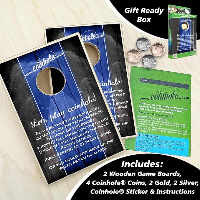 Coinhole Desktop Coin Bouncing Party Game Set | Tabletop Cornhole Board Game | Small Cornhole Travel Game Includes Coins