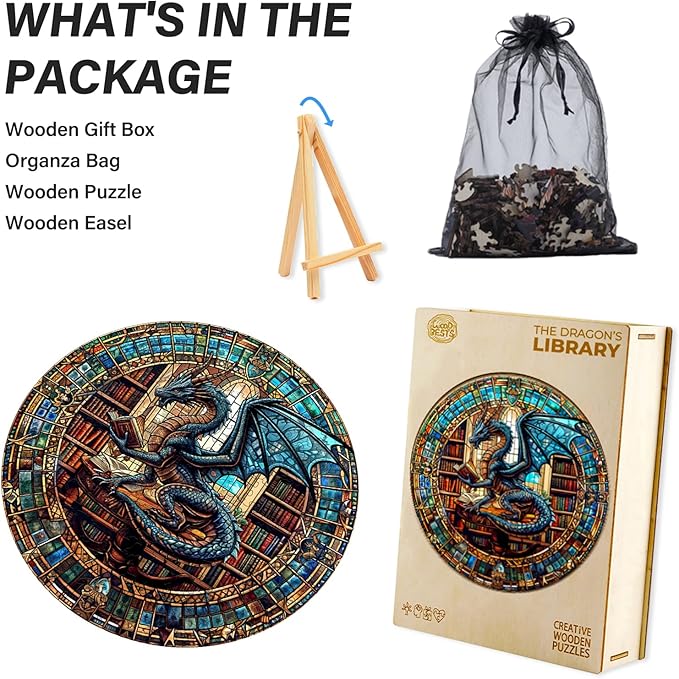 WOODBESTS Wooden Puzzles for Adults (100 Piece, S, 8.5"x8.5") Dragon's Library Wood Puzzle Adult, Unique Wooden Animal Jigsaw Puzzles, Family Game and Birthday Gifts for Friend