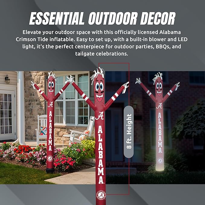 NCAA Alabama Crimson Tide Football Wacky Waving Inflatable Tube Guy with LED Lights & Built-in Blower - 6" x 36" x 96" Inflatable Tube Man Crazy Sports Fan Outdoor Party Decoration