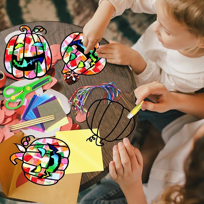 EggSun 36 Sets Halloween Pumpkin Suncatchers Craft Kit for Kids Ornaments Stained Glass Effect Window Arts and Crafts Kit for Classroom Holiday Birthday Projects Home Party Favors Decorations Ages 4 8