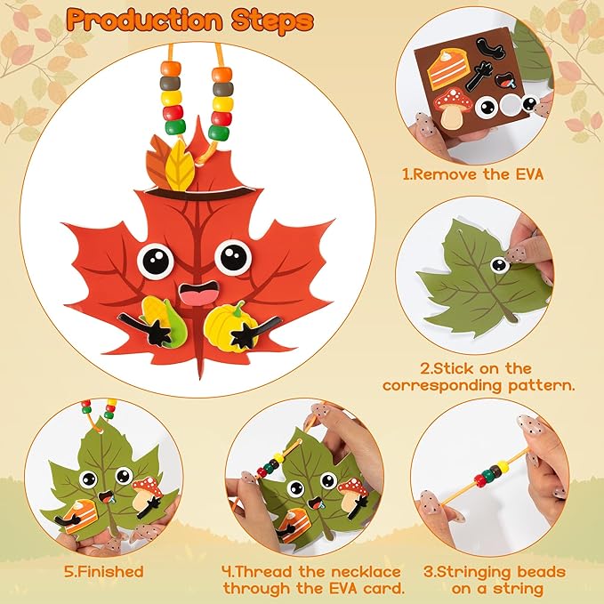 WATINC Necklace Crafts Kits - 313Pcs EVA Foam Make Your Own Cute Handmade Necklaces Artwork Project for Kids Adult, 24 Set DIY Activity Game Party Favors Gift for Home Classroom Decor(Fall Leaves)