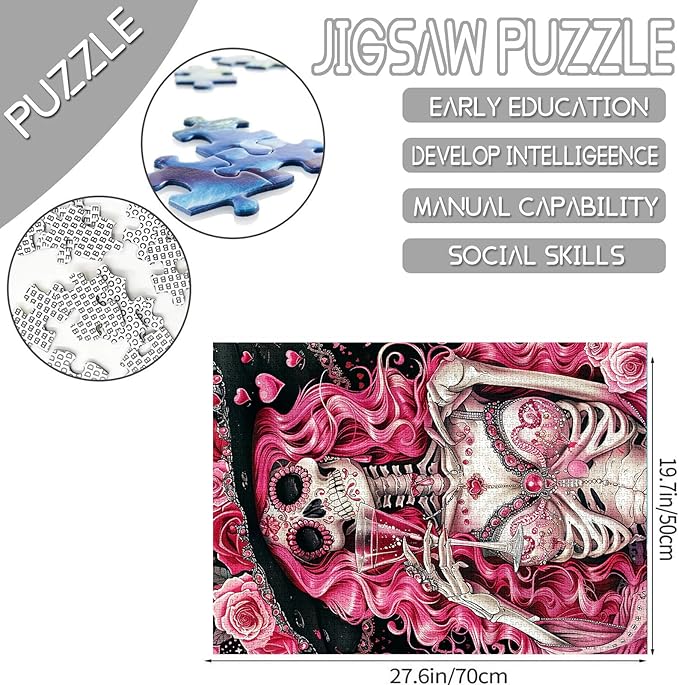 Tucocoo Skeleton Woman Jigsaw Puzzles for Adults 1000 Pieces, Pink Roses Glass Wine Skull Art Puzzle Colorful DIY Craft Puzzles for Home Decoration Gifts, Family Puzzle Perfect for Game Nights