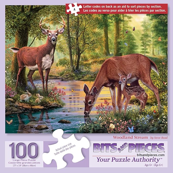 Bits and Pieces Woodland Stream Jigsaw Puzzle by Steve Read — Available in 50/100/200/300/500/1000 pcs — 15"×19", 18"×24", 20"×27" — Random Die-Cut, Nature/Deer/Stream Art (100 Piece Puzzle)