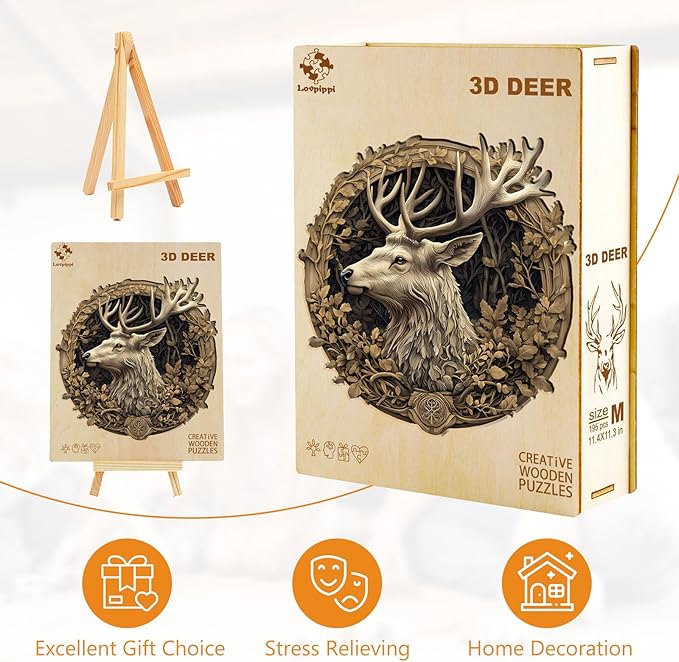 Wooden Puzzles for Adults, Wooden Jigsaw Puzzles for Adults Kids, 3D Vision Effect-3D Deer Unique Shaped Wood Puzzles Adult, Creative Birthday Gifts for Friends Family Game (11.4 * 11.3in 195pcs)