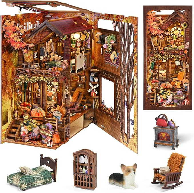 Book Nook Kit, Book Nook Kits for Adults and Teens, DIY Miniature Dollhouse Kit 3D Wooden Puzzle Booknook Bookend with LED Light