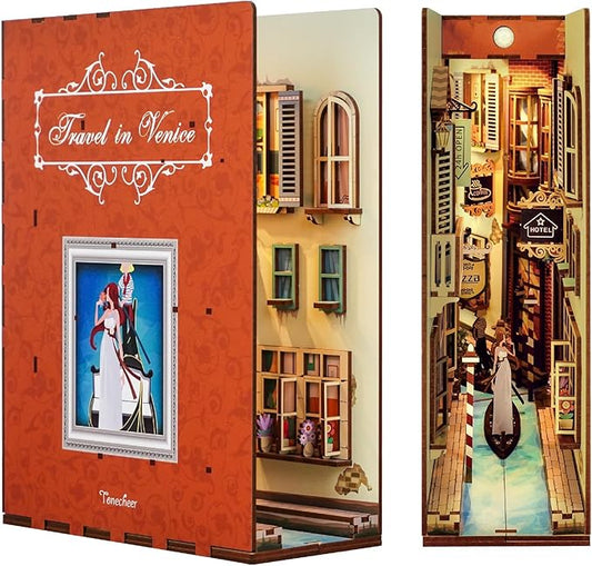 Tonecheer DIY Book Nook Kit for Adults, 3D Wooden Puzzle Bookend Bookshelf Insert Library Decor, Booknook Miniature House Kit with Body Motion Sensor LED Light (Travel in Venice)