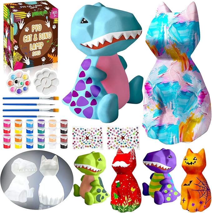 FUNZBO 2Pcs Paint Your Own Dinosaur & Cat Lamp - Arts and Crafts Supplies Painting Kits for Kids Teens Adults, DIY Night Light Toy for Toddlers Girl Boy Ages 3 4 5 6 7 8 9 10 11 12 13 + Birthday Gifts