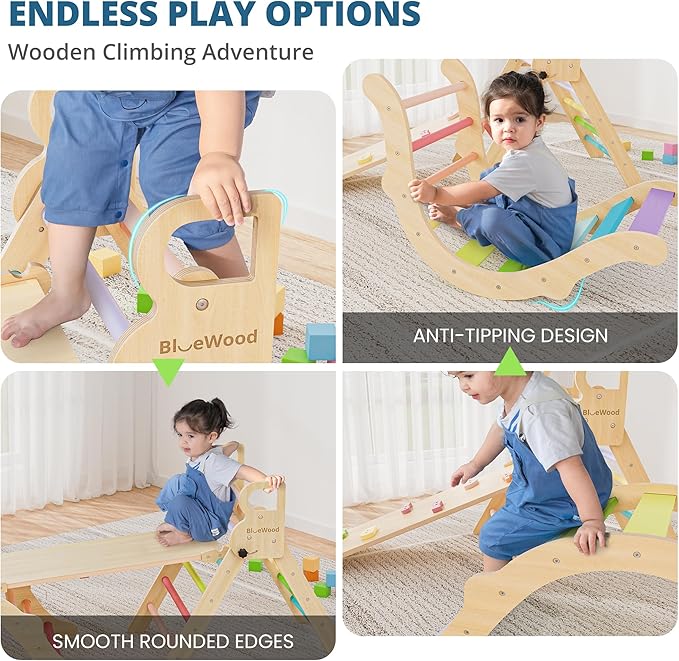BlueWood Pikler Triangle Set, Toddler Wooden Climbing Toys Indoor 7in1 Foldable Climber for Kids, Montessori Philosophy Play Jungle Gym with Arch, Ramp, Ladder (Colorful Spring)