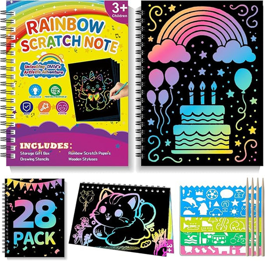 HXDOGSP Scratch Art for Kids: 28 Pack Rainbow Scratch Paper Party Favors - Art Crafts Notebook Suitable for Birthday Gifts/School Crafts Kit/Classroom Prizes for Girls and Boys Aged 4-12