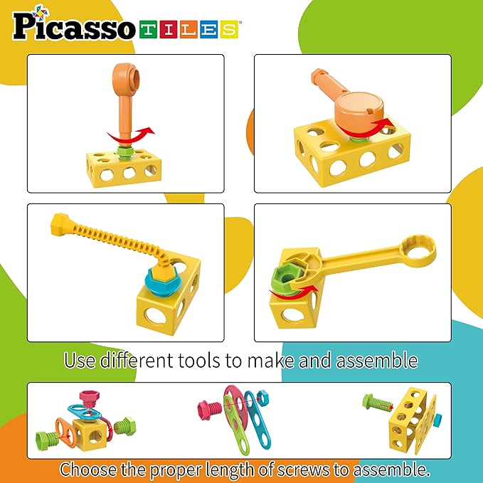 PicassoTiles 115 Piece Building Blocks Set Kids STEM Toy Construction Engineering Sensory Toys Kit Block Children Early Education Playset with FREE IdeaBook, Clickable Ratchet Age 3+ Boys Girls PTN115