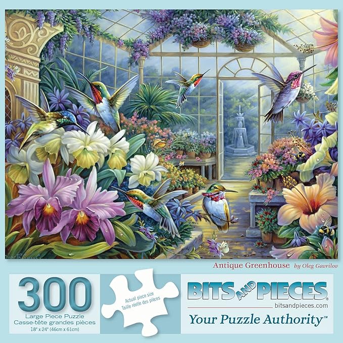 Bits and Pieces – 300 Piece Jigsaw Puzzle for Adults – Antique Greenhouse - Hummingbirds, Flowers, Butterflies - Jigsaw Puzzle by Oleg Gavrilov, Completed Puzzle Size: 18" x 24"
